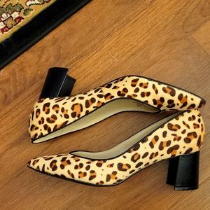 Marc Fisher brown tan leather real cow fur animal print Chunky heel sz 7.5 NEW…